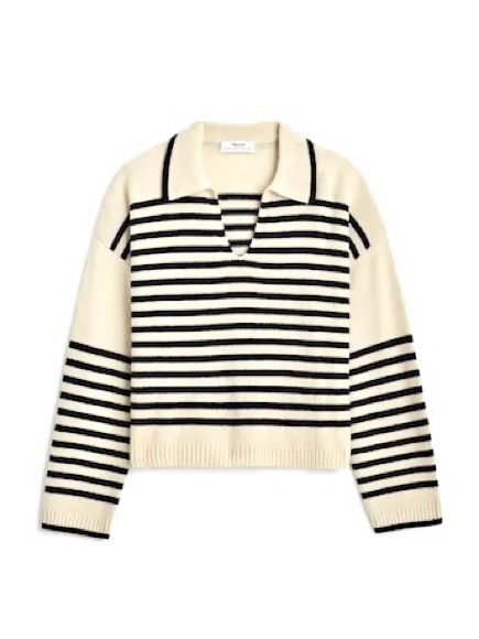 Madewell Cashmere-Wool Blend Polo Sweater In Cream And Black Stripes Size S